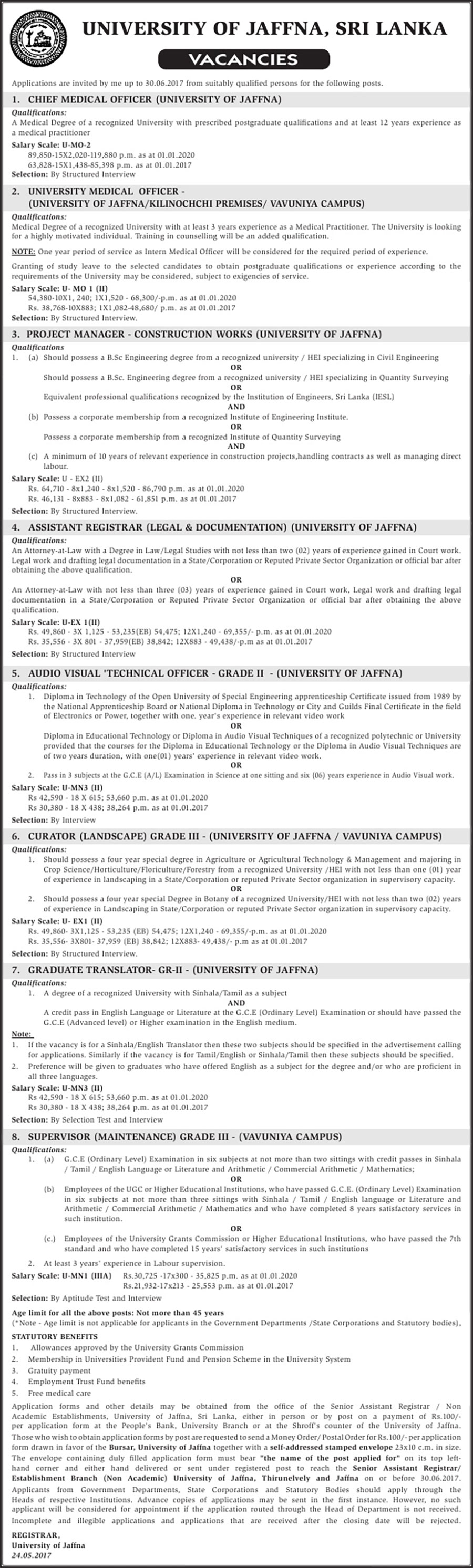 Chief Medical Officer, University Medical Officer, Project Manager, Assistant Registrar, Audio Visual Technical Officer, Curator (Landscape), Graduate Translator, Supervisor (Maintenance) - University of Jaffna